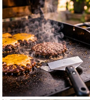 Complete Smash Burger Grill Kit: Griddle, Press, Spatula, Dome and Grease Control editorial grilling image