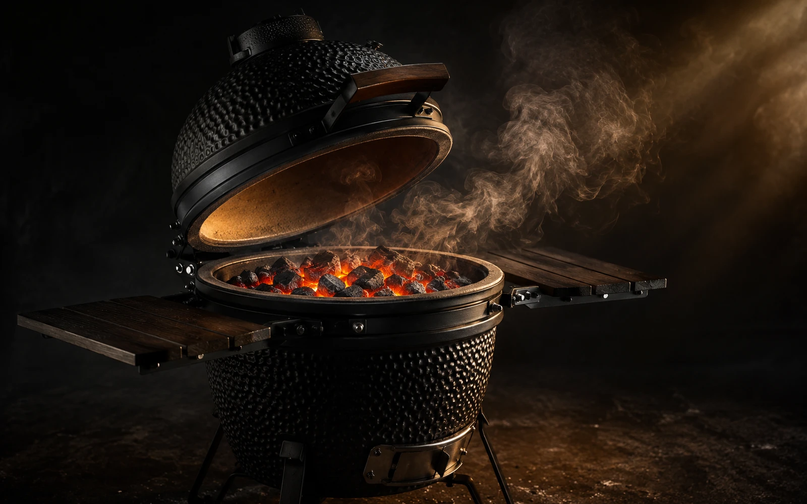 Charcoal kamado grill with glowing coals