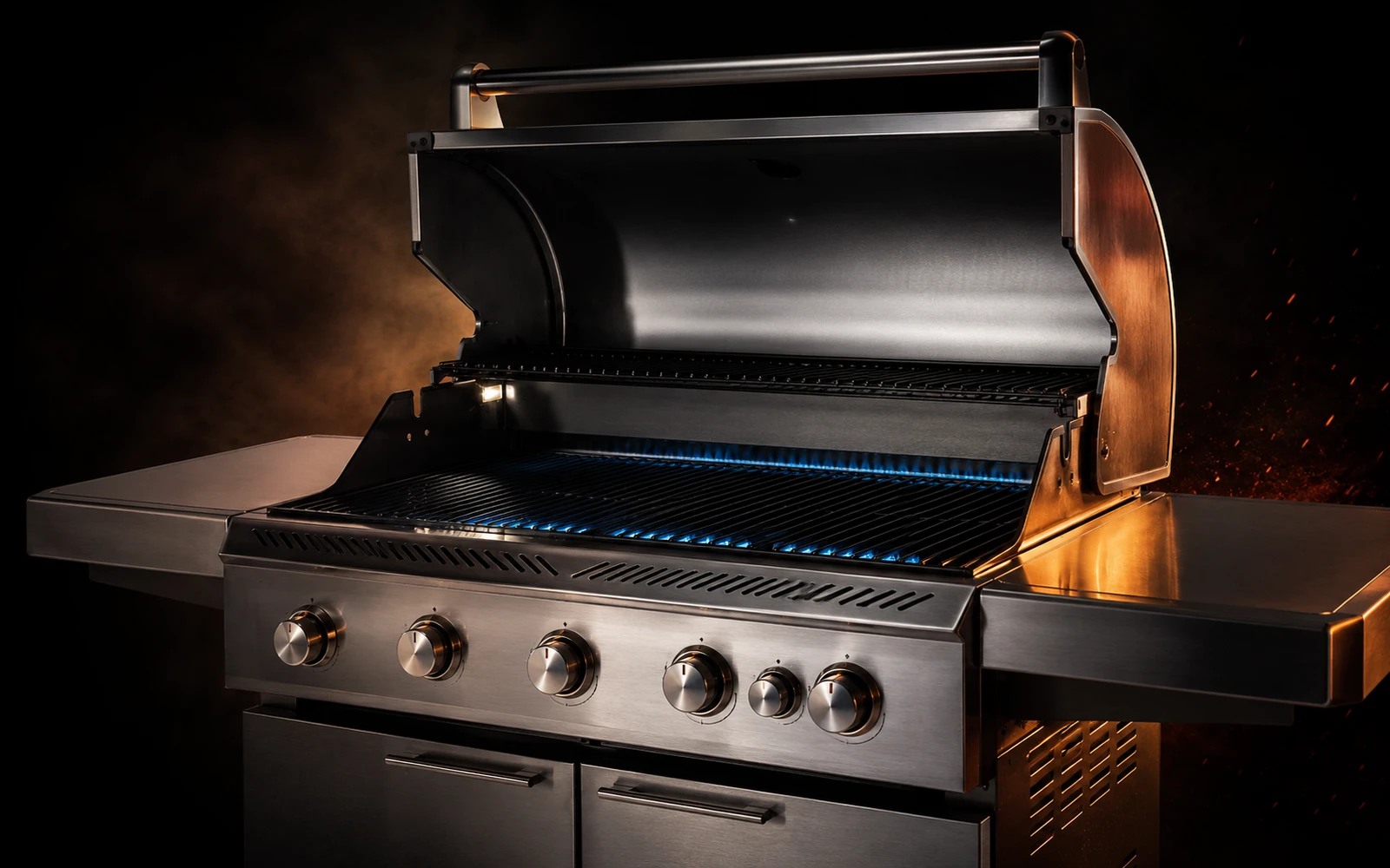 Gas grill with blue flame visible along the burners